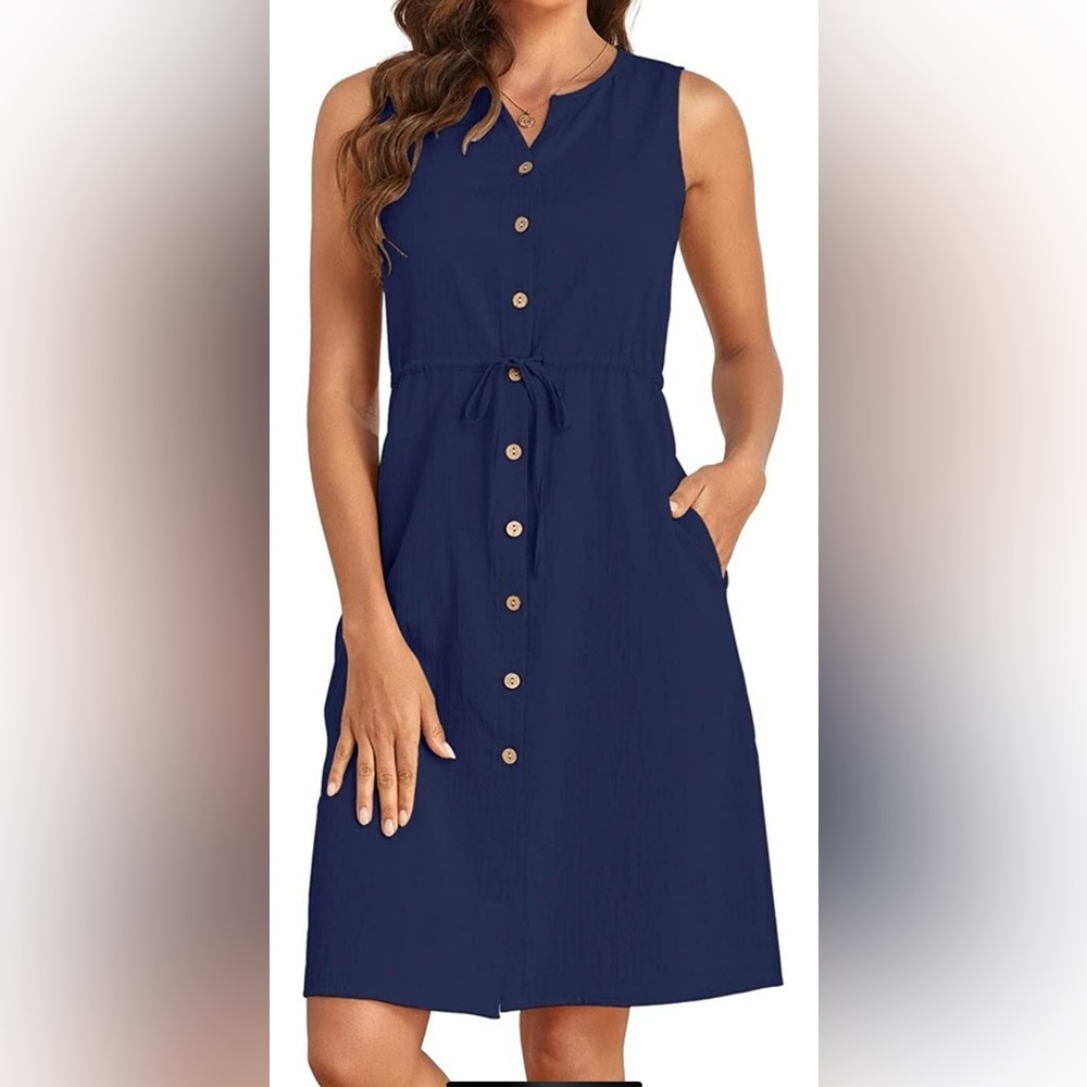 Navy Blue Sleeveless Tee Tank Top Drawstring Button MIDI Dress w Pockets